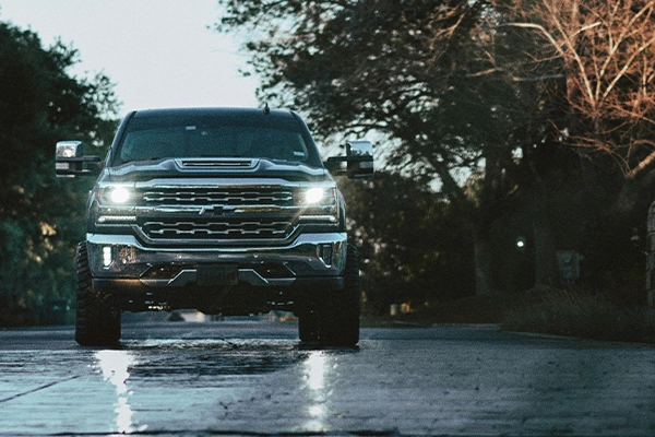 Diesel Chevrolet truck on wet road