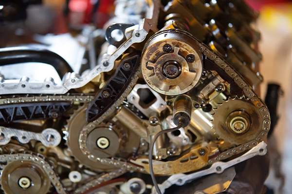 Timing chain on bank of cylinders in V8 engine
