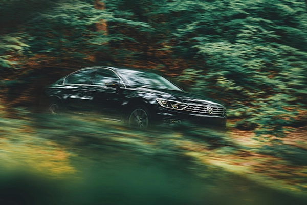 Black Volkswagen Passat driving through forest